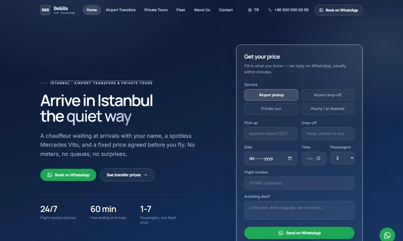 Be&Ba VIP Tourism sitesinin ana sayfası